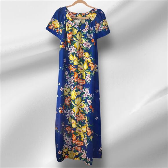 Hilo Hattie’s Hawaii Maxi Dress Vintage Floral Orchid L Made in USA Mumu Resort - Picture 1 of 9